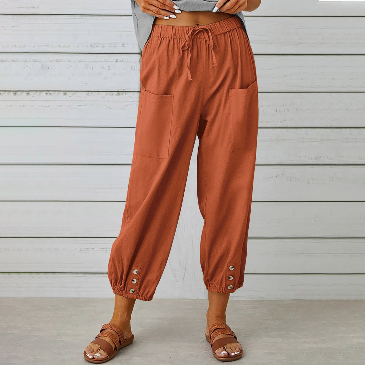 Women's pants High-waisted buttoned cotton hemp pants nine-point pants wide-legged