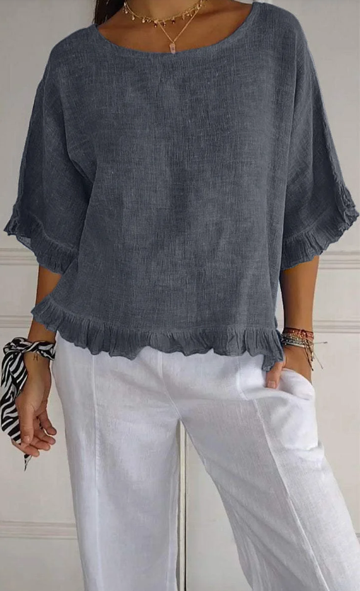 🔥Clearance Sale🔥 Women's Round Neck Ruffled Cotton And Linen Top