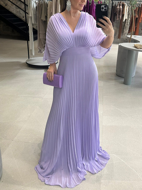 NEW🔥 V Neck Chiffon Back Tie Zipper Bat Sleeve Dress- Tax Free