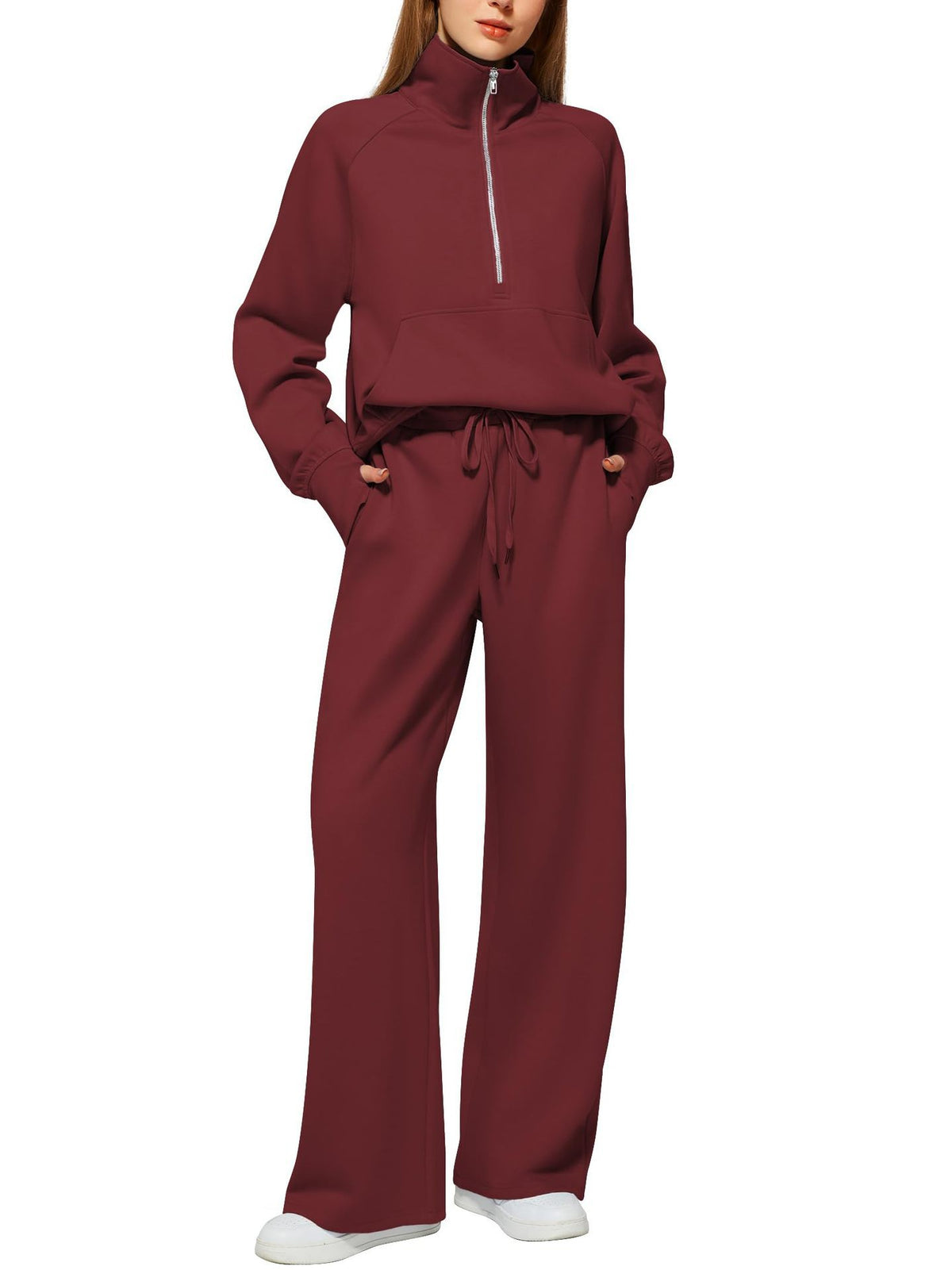 CLEARANCE SALE🔥 Women's Solid Color Cotton Half Zip Two-Piece Set