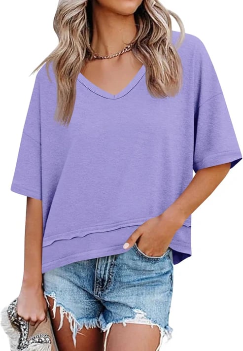 Women's V-neck Mid-length Sleeve Spliced Hem Basic Top