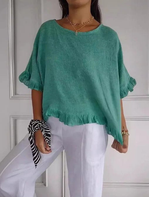 🔥Clearance Sale🔥 Women's Round Neck Ruffled Cotton And Linen Top
