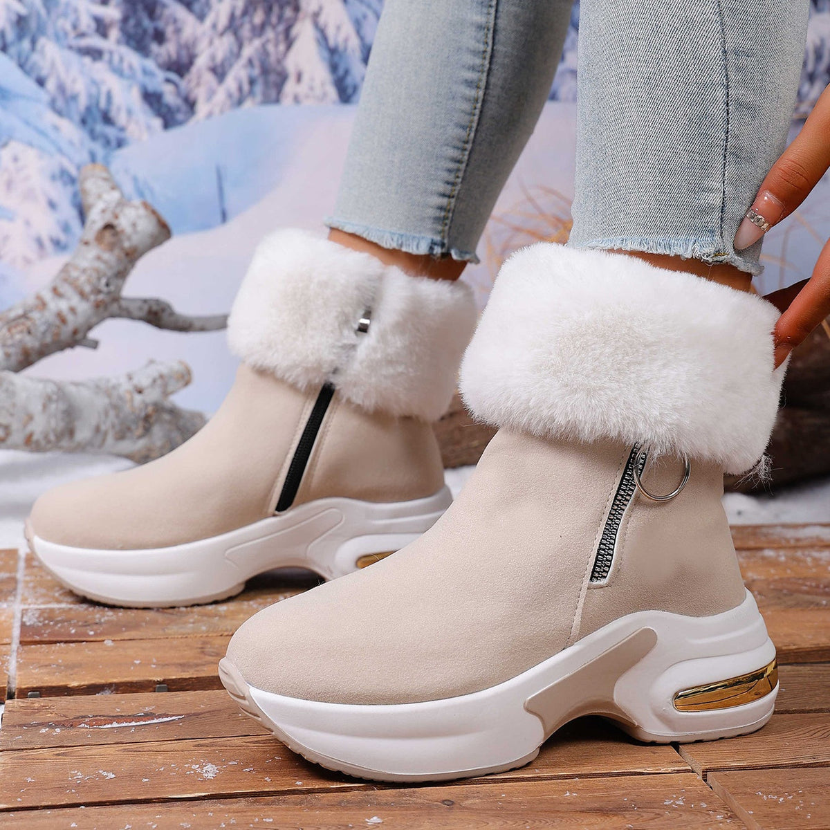 Women's winter side-zipper fleece-lined warm snow boots