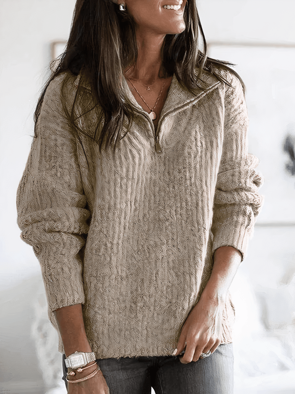 Ribbed Half Zip Sweater For Women