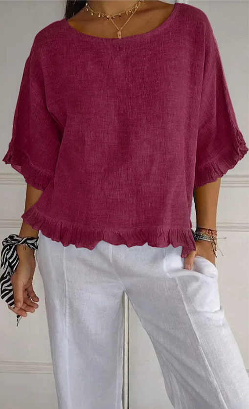 🔥Clearance Sale🔥 Women's Round Neck Ruffled Cotton And Linen Top