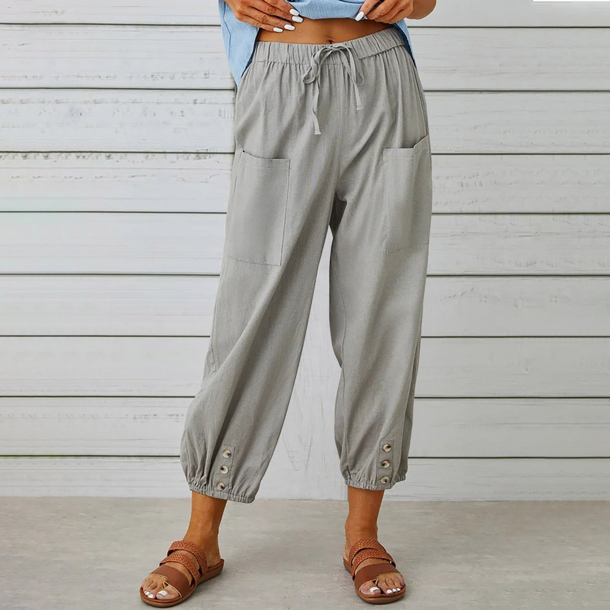 Women's pants High-waisted buttoned cotton hemp pants nine-point pants wide-legged