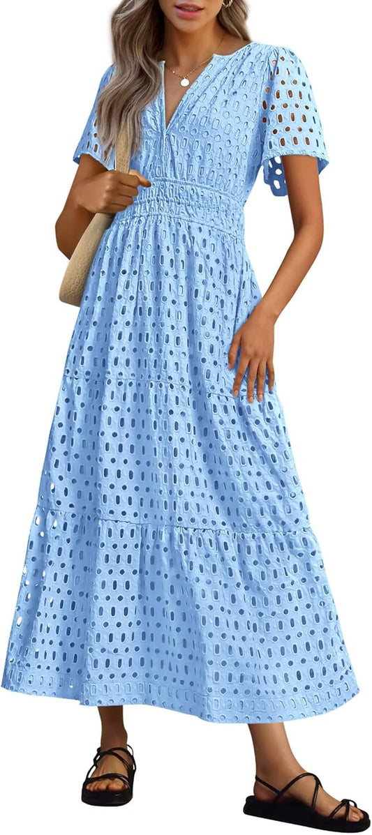 NEW 🔥Womens 2025 Summer Maxi Dress Short Sleeve V Neck Hollow Out Eyelet A Line Dresses