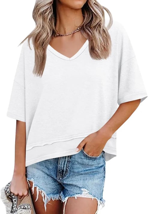 Women's V-neck Mid-length Sleeve Spliced Hem Basic Top