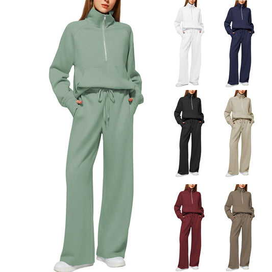CLEARANCE SALE🔥 Women's Solid Color Cotton Half Zip Two-Piece Set