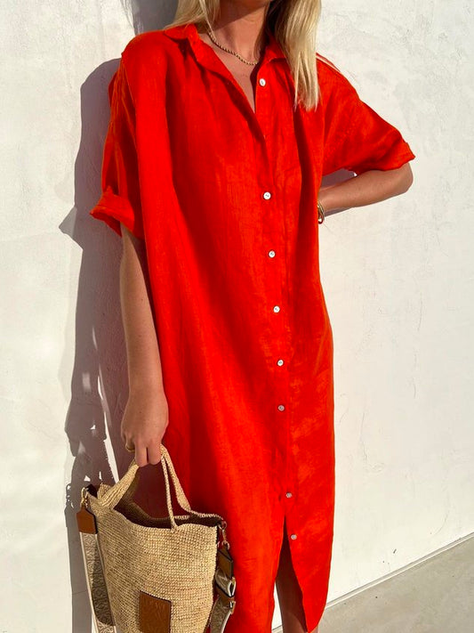 Women Elegant Casual Loose Half Sleeve Button Down Front Half Sleeve Cotton Linen Dress